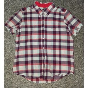 Rockies Boys Large Short Sleeve Plaid Button Down Shirt Red Purple White Teal